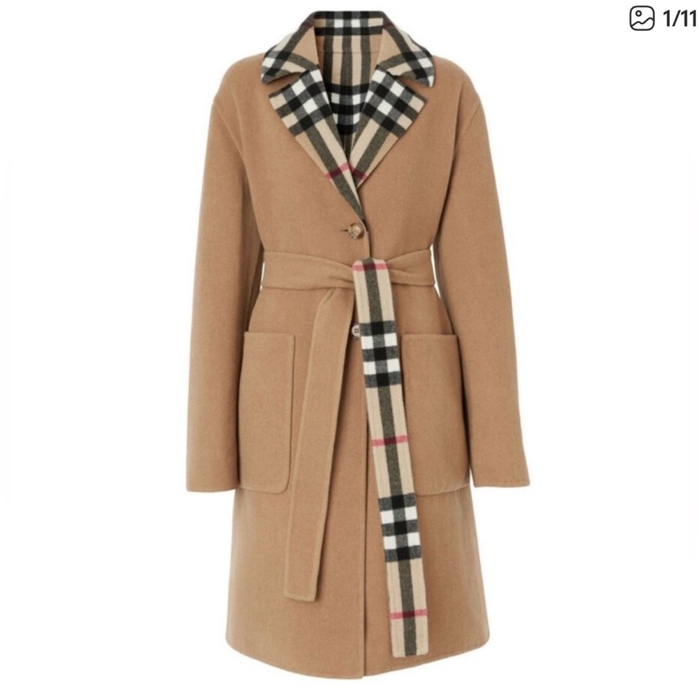 Women's Tan Coat with Plaid Accents